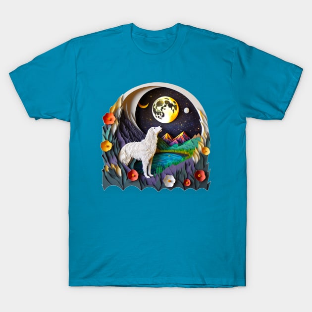 Great Pyrenees Dog Nature Full Crescent Moon Stars Whimsical T-Shirt by joannejgg